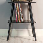 crosley voyager bluetooth portable turntable + entertainment stand bundle black Black shelf with vinyl records collection.
