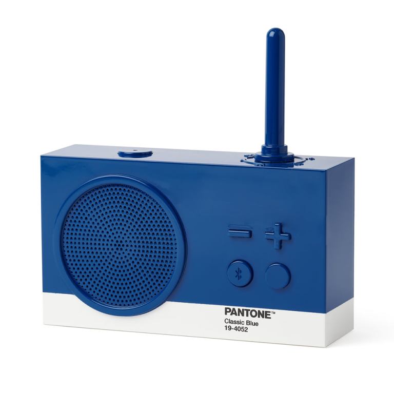 Pantone Classic Blue retro radio with antenna.