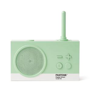 Pastel green Pantone radio with antenna and controls.
