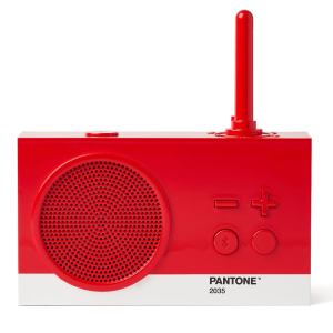 Red Pantone 2035 retro radio with antenna.