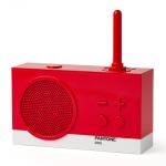 Red retro speaker with antenna and controls