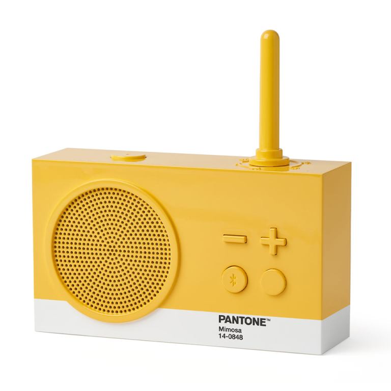 Yellow Pantone Mimosa radio with antenna.