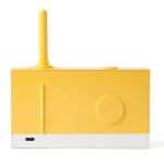 Yellow retro radio with antenna, white base.