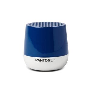 Blue and white Pantone portable Bluetooth speaker.
