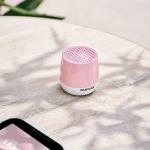 lexon mino+ mini bluetooth speaker pantone rose pink Pink Pantone Bluetooth speaker on marble table