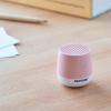 Pink Pantone speaker on wooden desk.