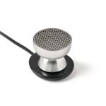 Sleek modern wired microphone on white background.