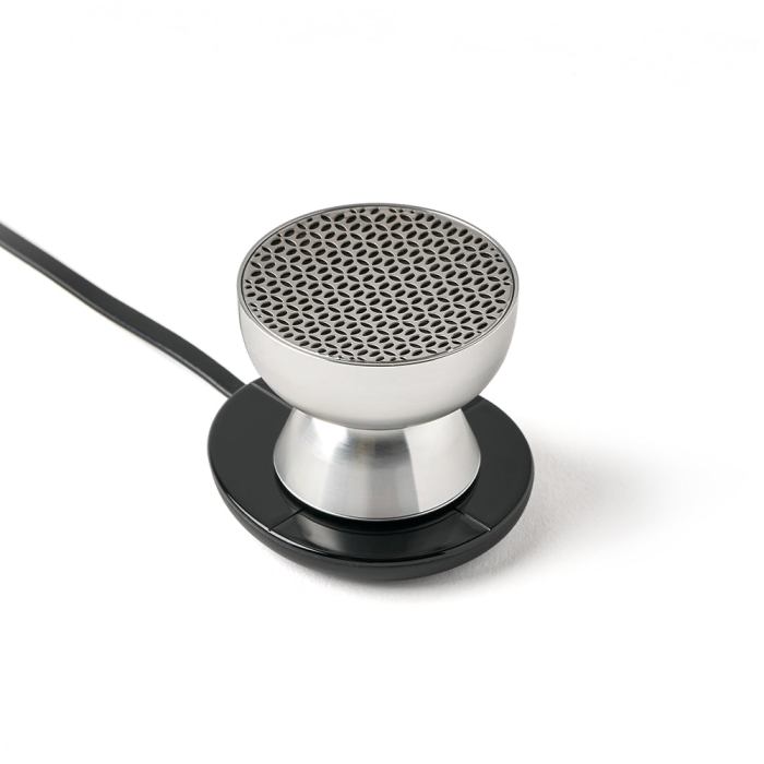 lexon tamo infinitely pairable bluetooth speaker alu polish Sleek modern wired microphone on white background.