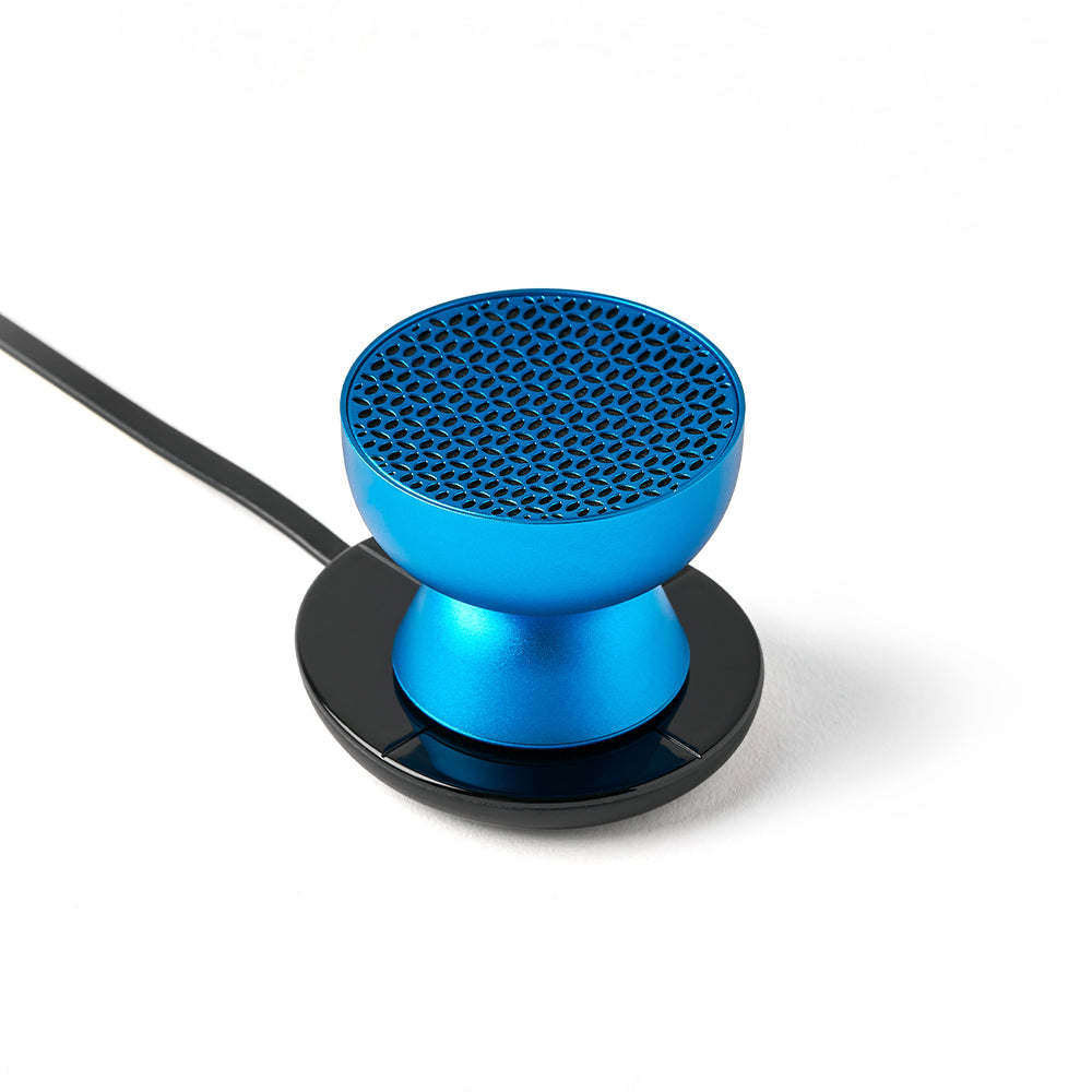 Blue wired mini speaker on black base.