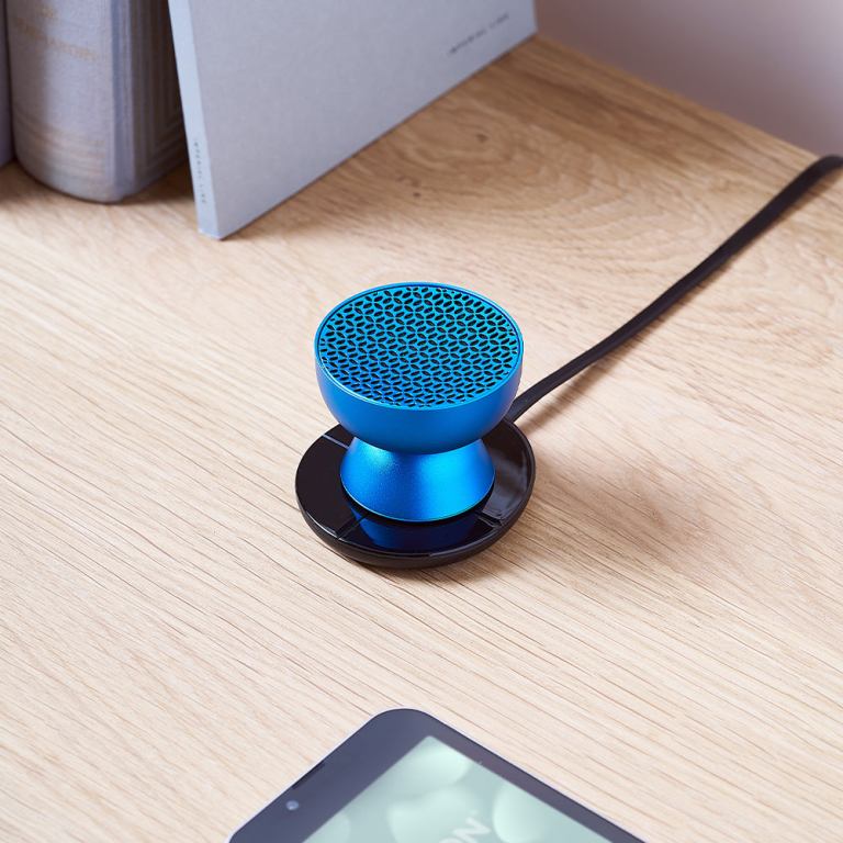 lexon tamo infinitely pairable bluetooth speaker blue Blue portable speaker on wooden desk
