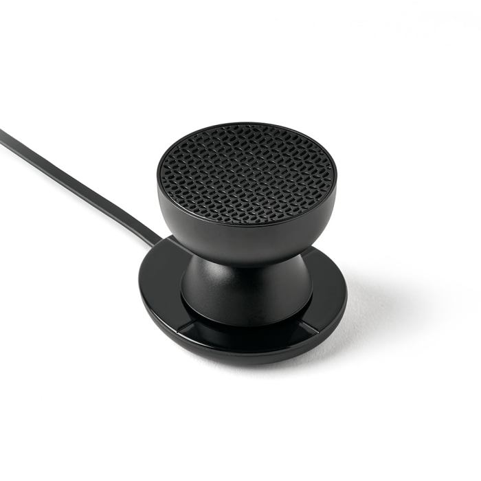 Round black portable speaker with cord