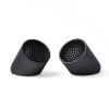 Two black air filters on white background.