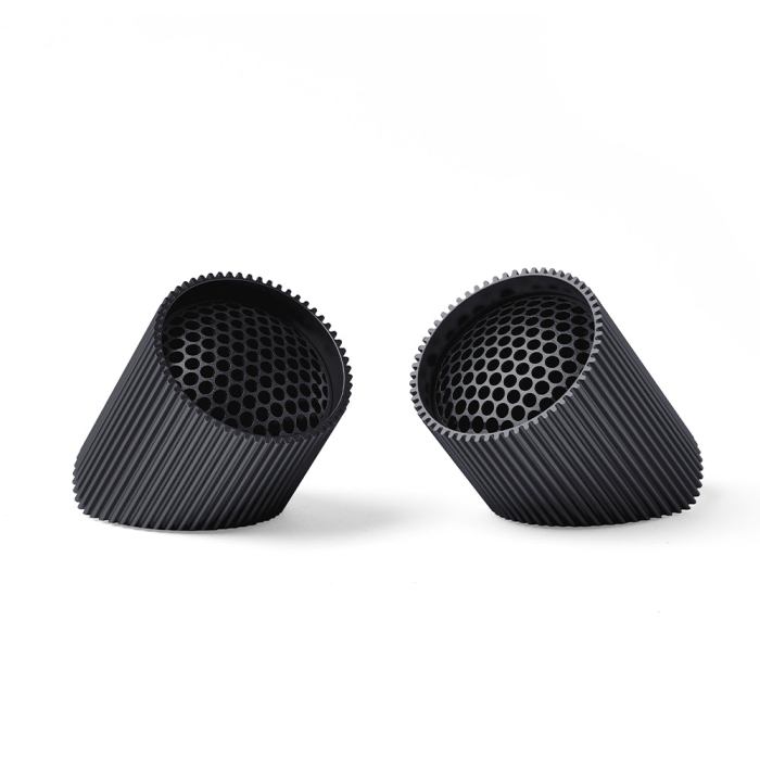 Two black air filters on white background.