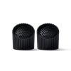 Two black textured speaker grilles side by side.