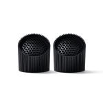 Two black textured speaker grilles side by side.
