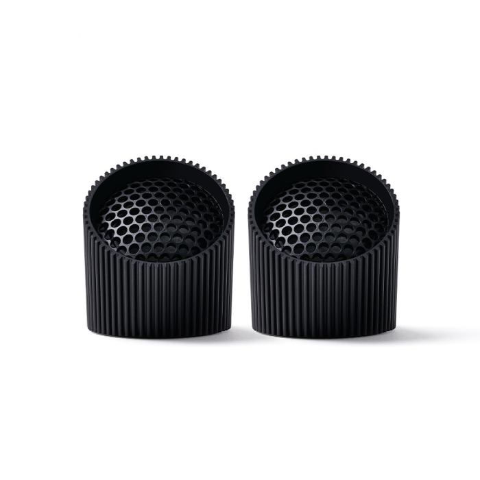 Two black textured speaker grilles side by side.