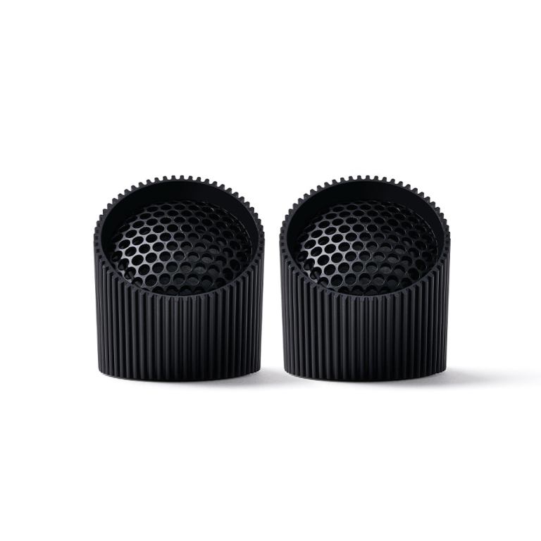 Two black textured speaker grilles side by side.