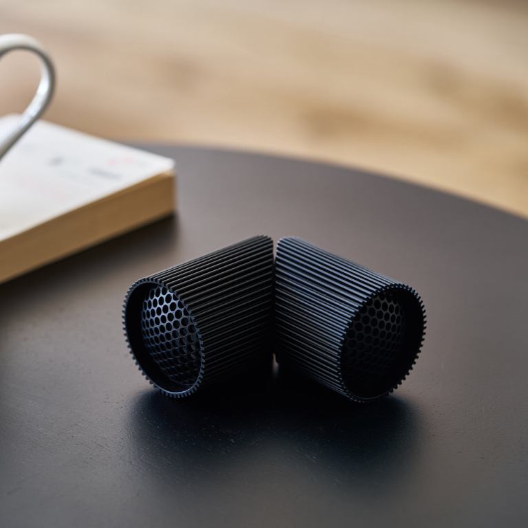 Black honeycomb pen holders on table.