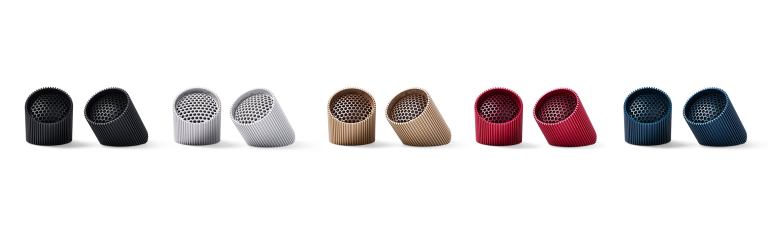 Colourful honeycomb-patterned speaker enclosures.