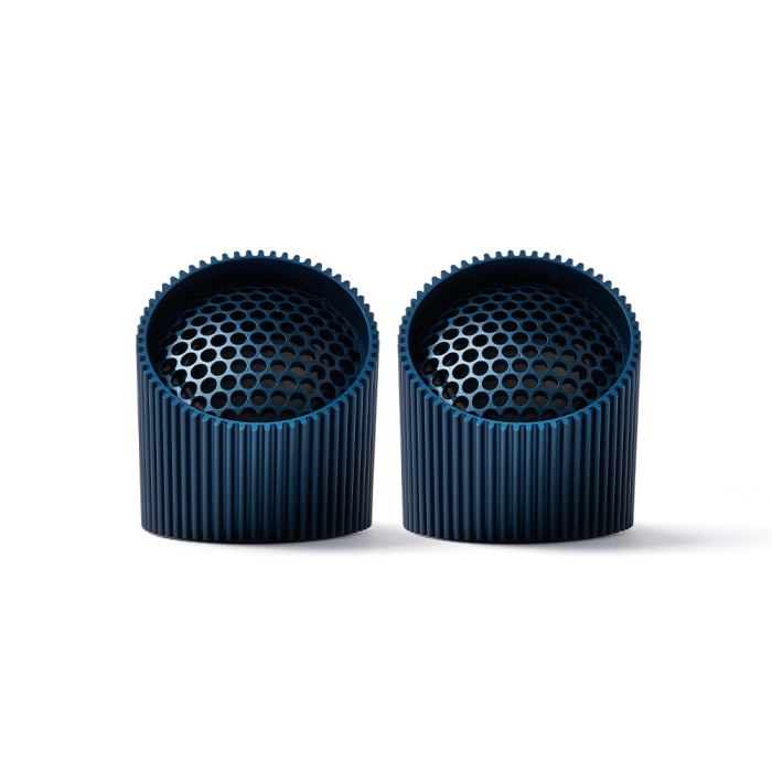 Pair of blue cylindrical speaker covers