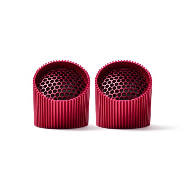lexon ray set of magnetic bluetooth speakers red Two red mesh cylindrical caps.