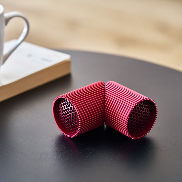 Two red honeycomb-patterned cups on black table.