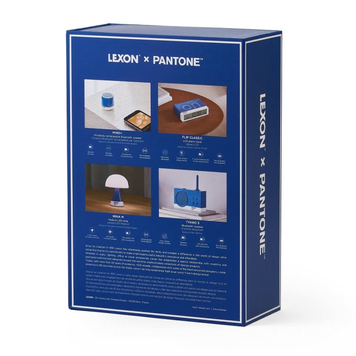 lexon gift set pantone includes mino+ mini speaker, flip classic clock, mina m lamp, thykho 3 speaker classic blue Lexon Pantone box showcasing electronic products.
