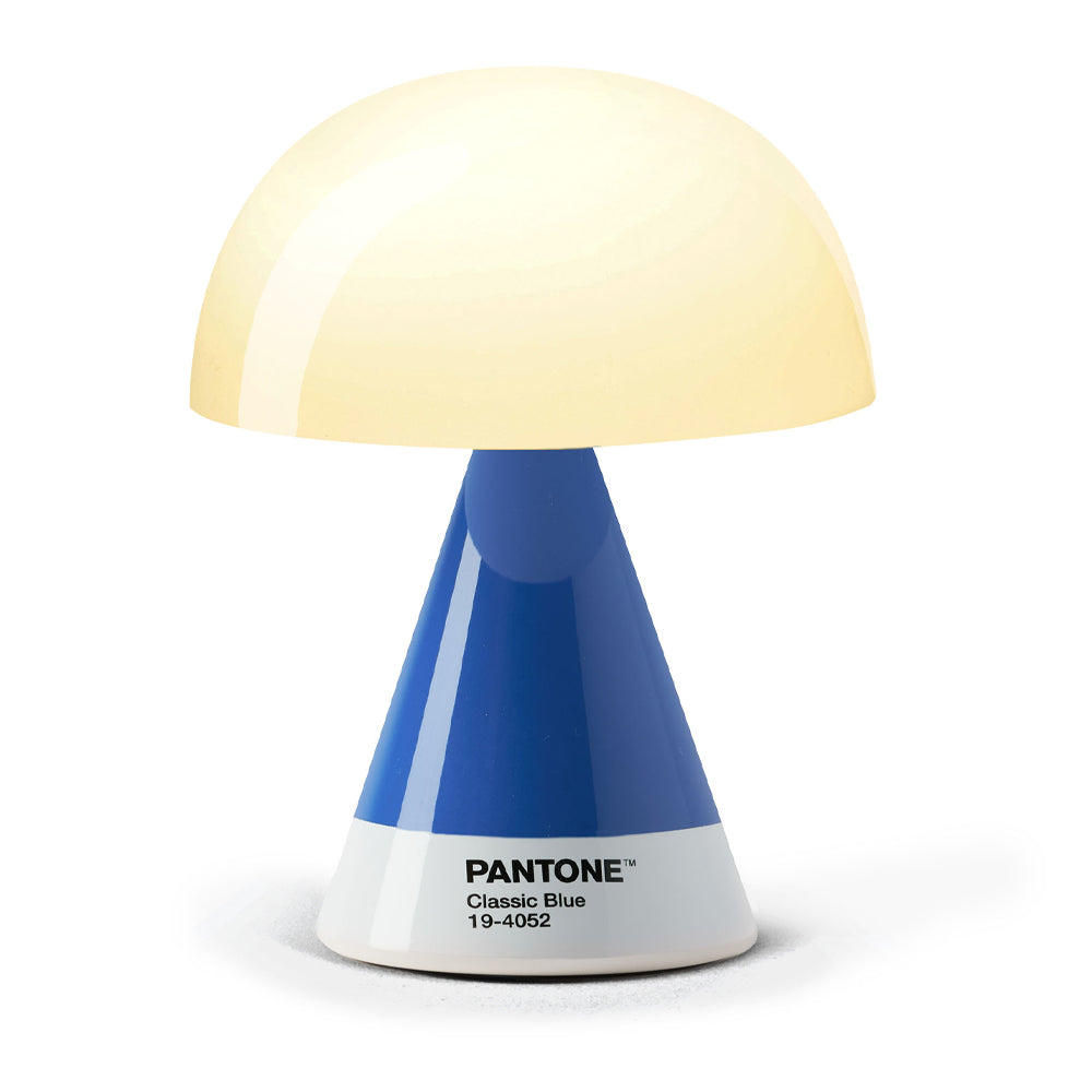 Pantone classic blue cone lamp with yellow shade.