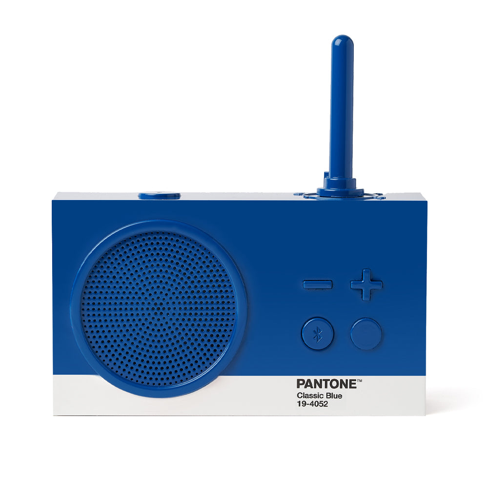 Blue retro radio with antenna and speaker.