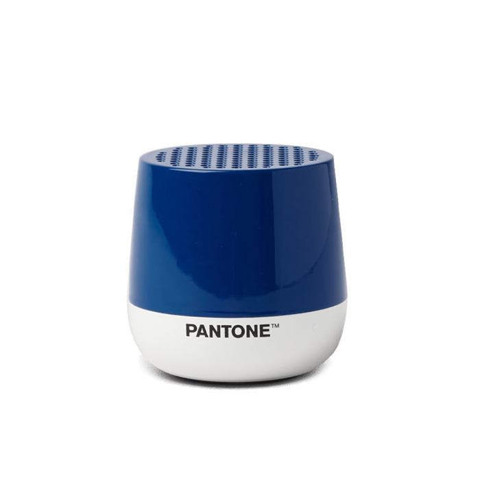 lexon gift set pantone includes mino+ mini speaker, flip classic clock, mina m lamp, thykho 3 speaker classic blue Pantone blue wireless speaker on white background.