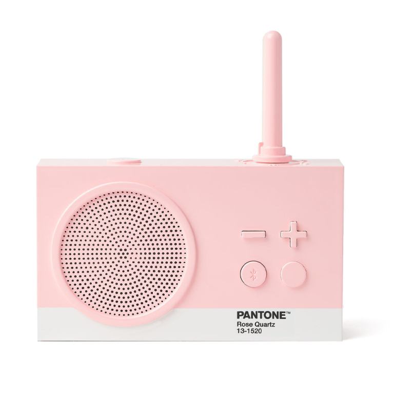 lexon gift set pantone includes mino+ mini speaker, flip classic clock, mina m lamp, thykho 3 speaker rose pink Pink retro radio with antenna and controls