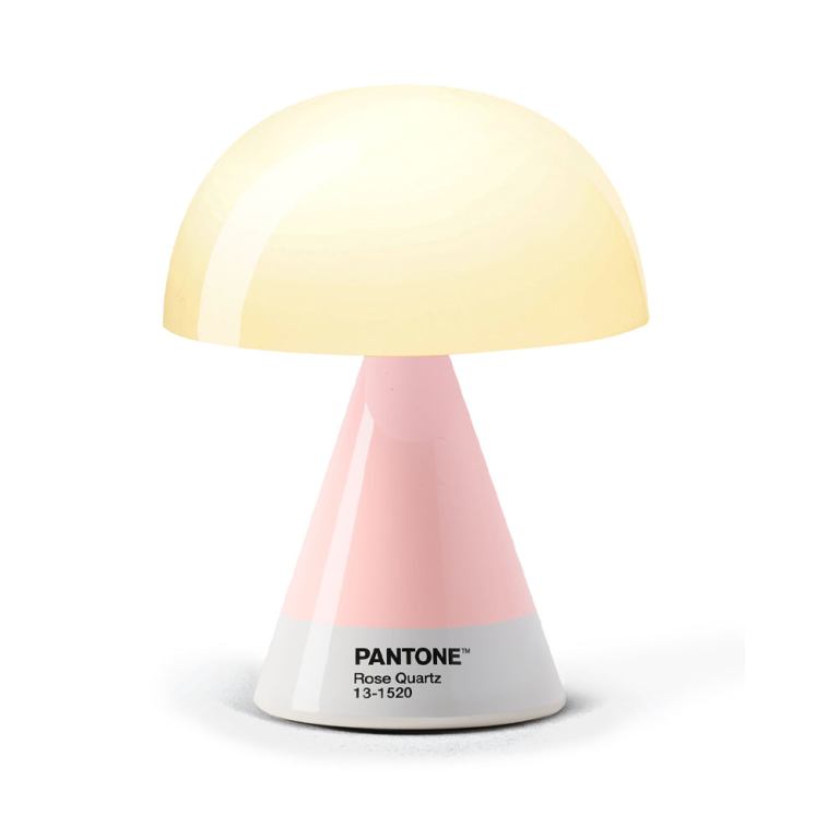 lexon gift set pantone includes mino+ mini speaker, flip classic clock, mina m lamp, thykho 3 speaker rose pink Pantone Rose Quartz lamp with conical base.