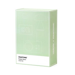 Pastel green Pantone box with line drawings.