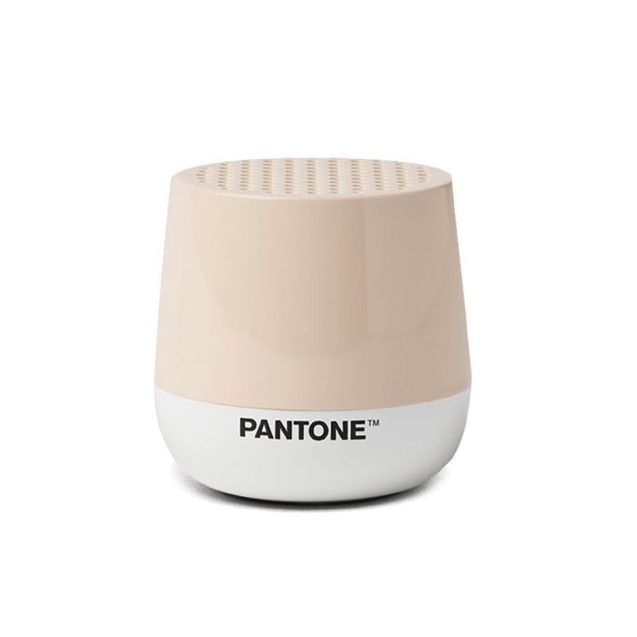 lexon gift set pantone includes mino+ mini speaker, flip classic clock, mina m lamp, thykho 3 speaker sand Beige Pantone wireless speaker on white background.