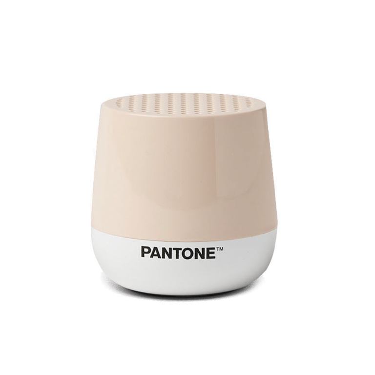 Beige Pantone wireless speaker on white background.