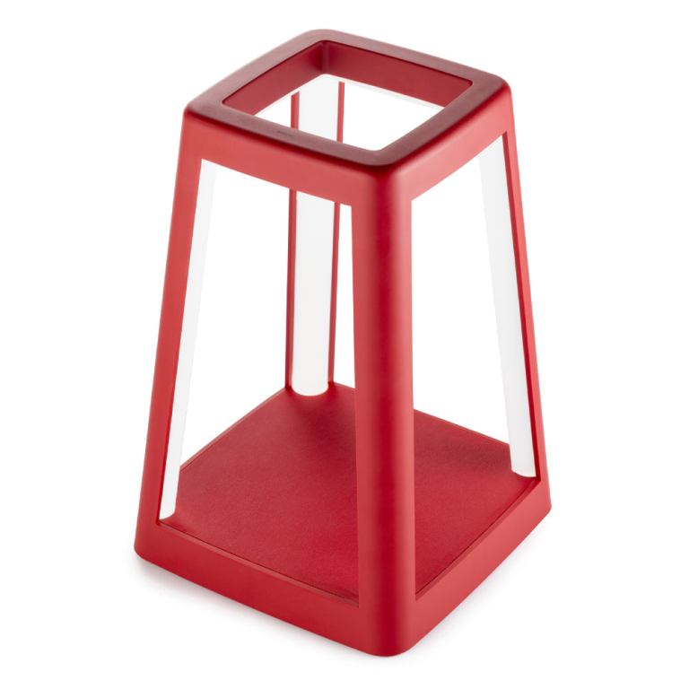 Red square open-frame metal stool