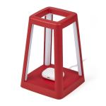 Red wireless charger with geometric design.