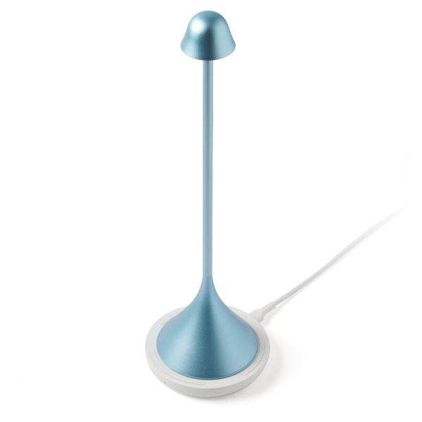Blue cone-shaped lamp with USB charging base.
