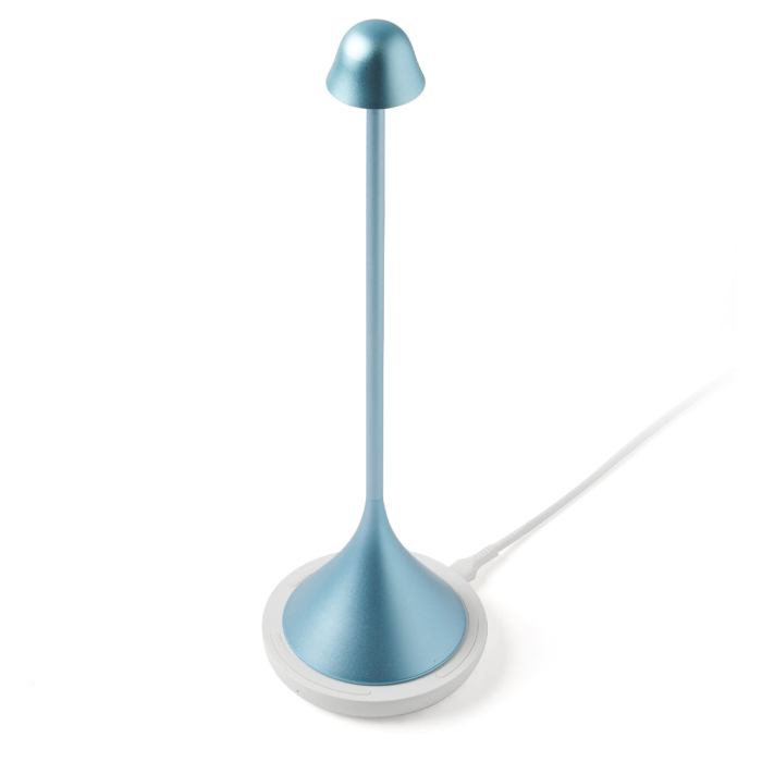 lexon steli bell infinitely pairable table lamp blue Blue cone-shaped lamp with USB charging base.