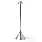 Modern silver metal coat stand on white background.