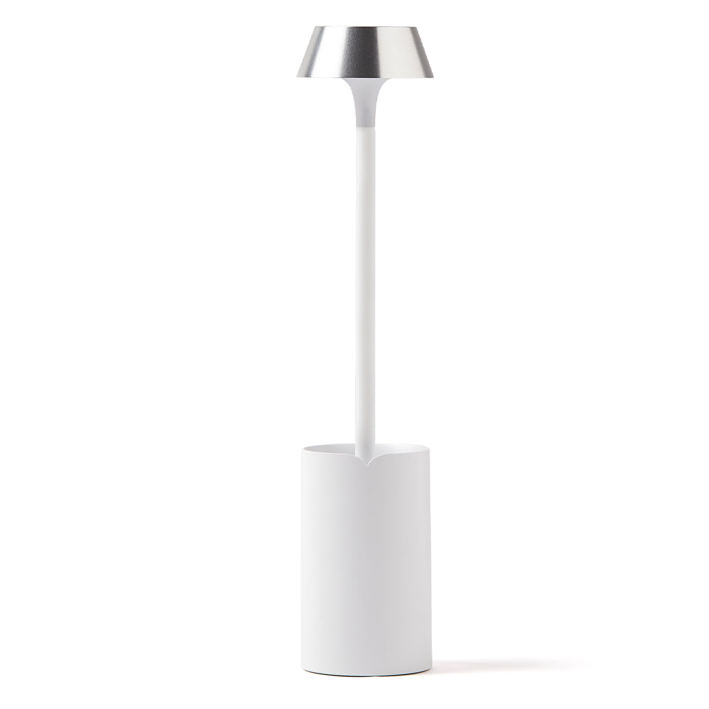 Minimalist white and silver modern table lamp.