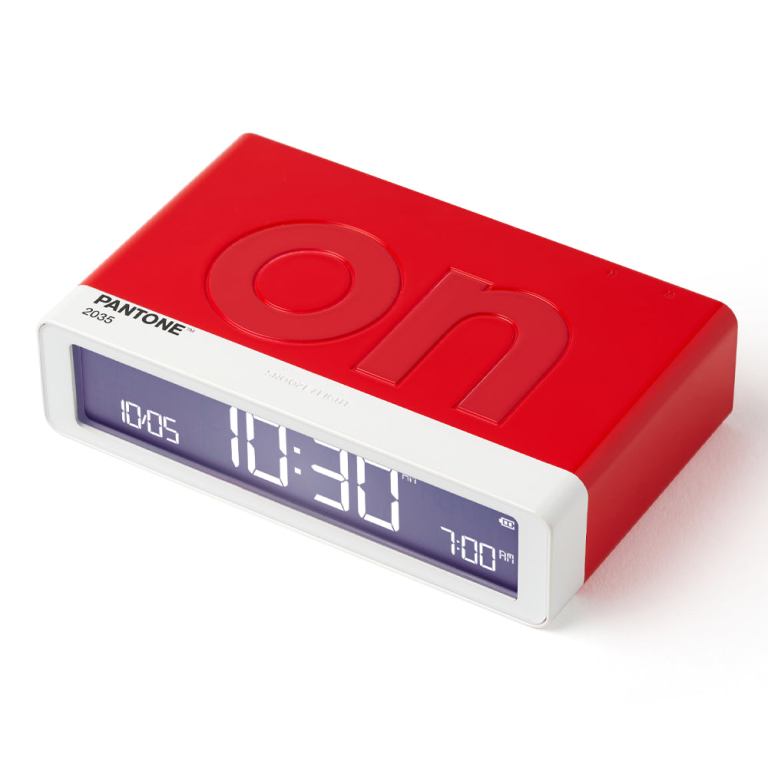 lexon flip classic reversible alarm clock pantone 2035 red Red digital alarm clock showing time and date.