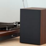 majority moto plus turntable Wooden speaker and turntable on tabletop