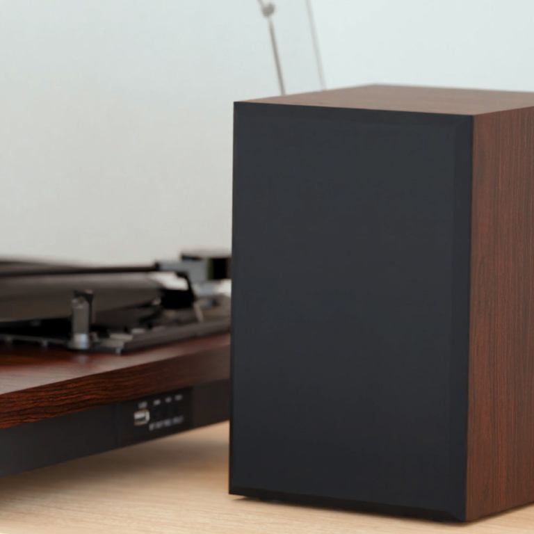 majority moto plus turntable Wooden speaker and turntable on tabletop