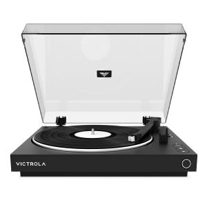 Modern vinyl record player with dust cover open.