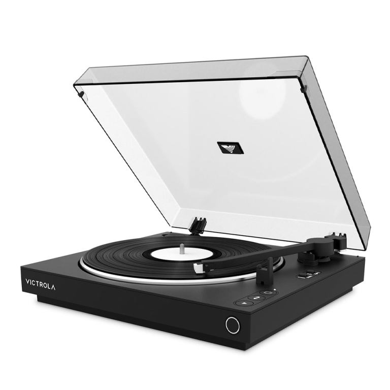 Black record player with open dust cover