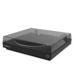 Black turntable with dust cover, modern design.