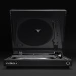 Black turntable with clear lid and logo