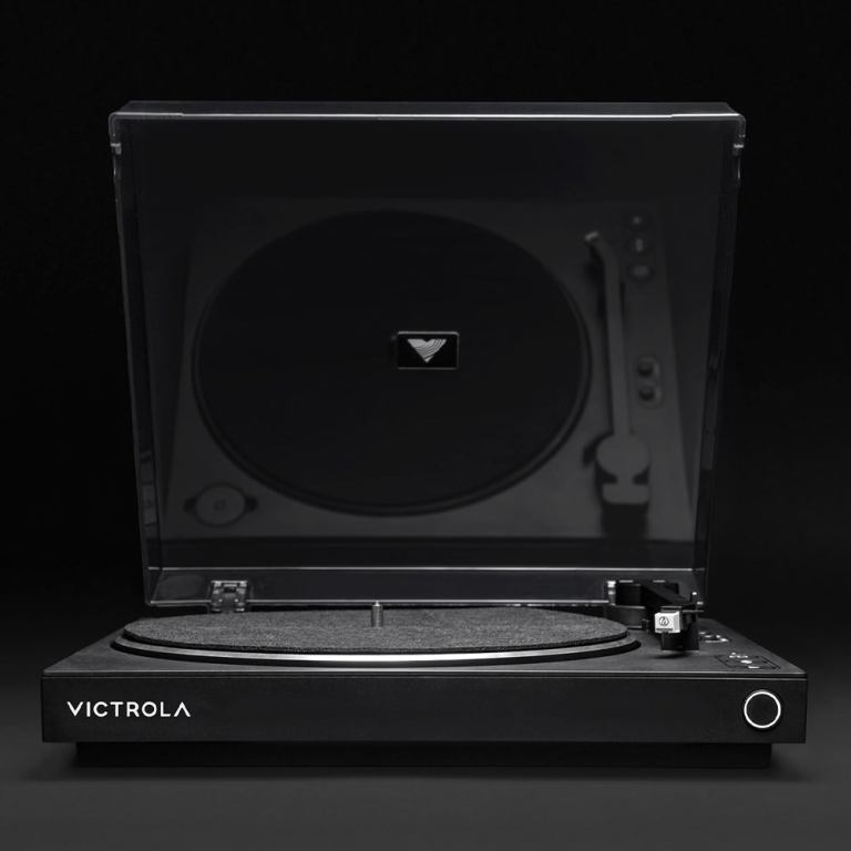 Black turntable with clear lid and logo