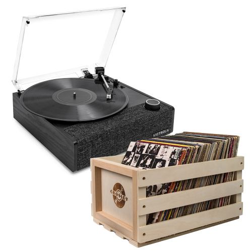 Record player and vinyl crate collection.